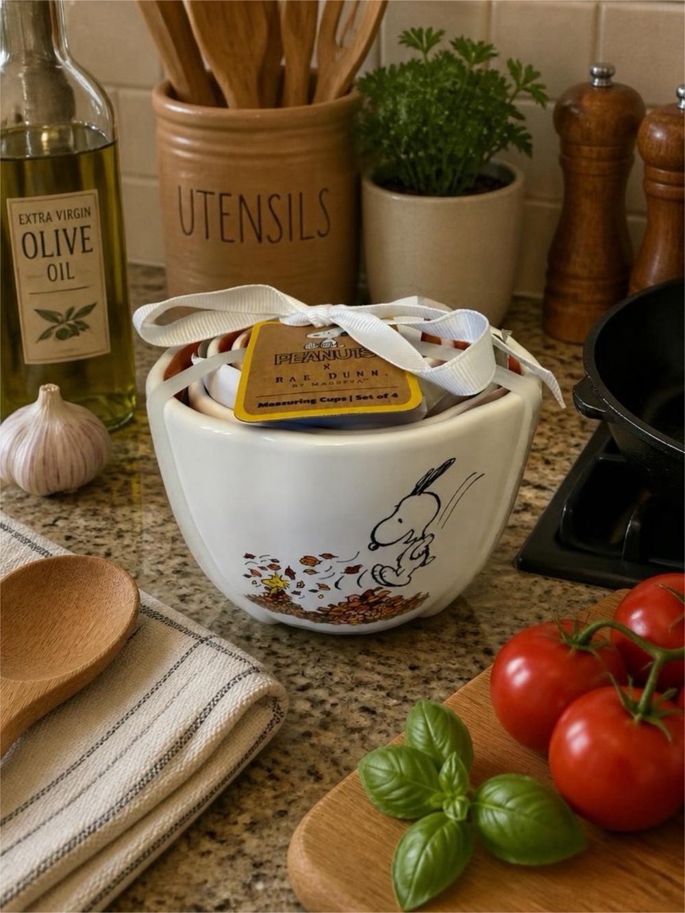 Peanuts x Rae Dunn White Ceramic Measuring Cups with Snoopy Fall Illustration